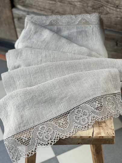 Rustic Linen Table Runner, Natural Vintage Stonewashed Farmhouse Runner Natural Grey Lace Floral