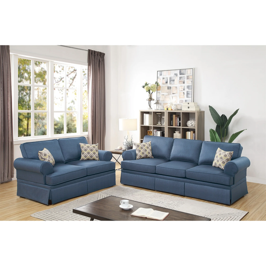 2pc Sofa Set -Sofa And Loveseat, Cushion Couch with Pillows , Blue