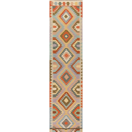 Geometric Multi-Color Kilim Oriental Runner Rug Hand-woven Wool Carpet - 2'10"x 16'2"