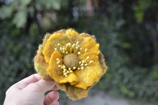 Felt Mustard & Dijon Color Flower Brooch, Handmade Gift For Woman