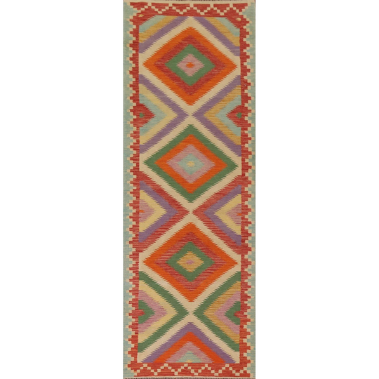 Colorful Geometric Runner Kilim Rug Hand-woven Wool Carpet - 3'5"x 10'1"