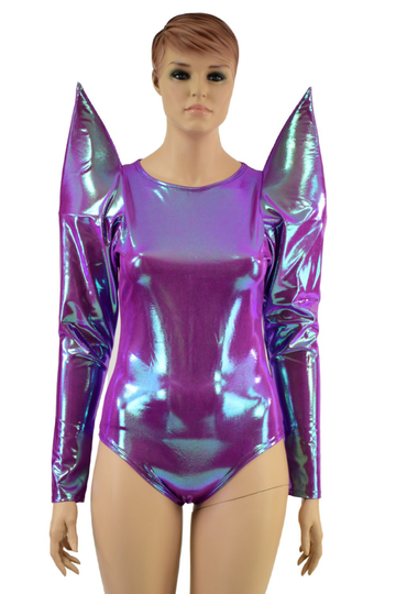 Plumeria Mega Sharp Shoulder Long Sleeve Romper With Crew Neck, Zipper Back, & Siren Cut Leg - 157614