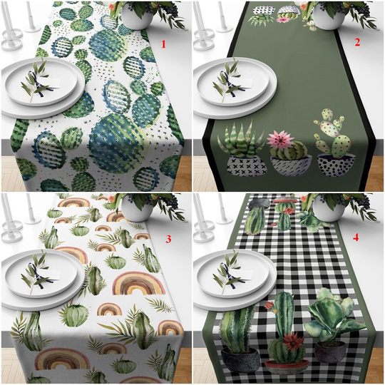 Cactus Table Runner, Desert Plant Cover, Thorny Flower Tablecloth, Summer Linen, Black White Plaid Decor