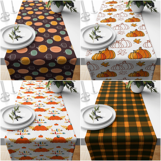 Fall Trend Table Runner|Orange Green Black White Pumpkin Tablecloth|Hello Autumn Top|Farmhouse Linen|Checkered Color Decor