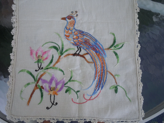 Vintage Peacock Table Runner Fabric Doily