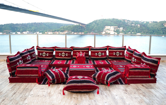 Maroon Color U Shaped Arabic Seating, Oriental Floor Couches, Majlis, Turkish Seating Set, Indoor Sofas, Cushions