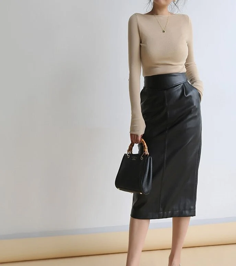 Spring Leather Skirt Women Brown White Black Long High Waisted Pencil Skirts For 2022 Side Slit Zipper 7xl