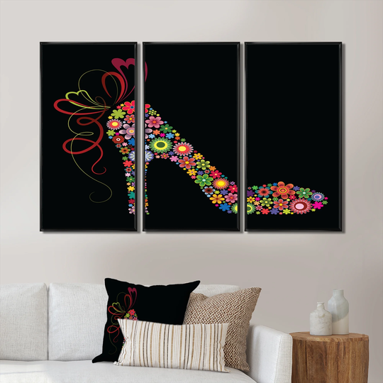 Designart 'Colorful Shoe with a Bow' Animal Framed Art Prints Set of 3 - 4 Colors of Frames