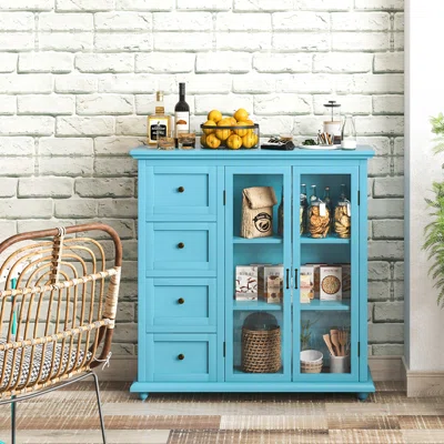 Highland Dunes Buffet Sideboard Table Kitchen Storage Cabinet With Drawers & Doors Blue