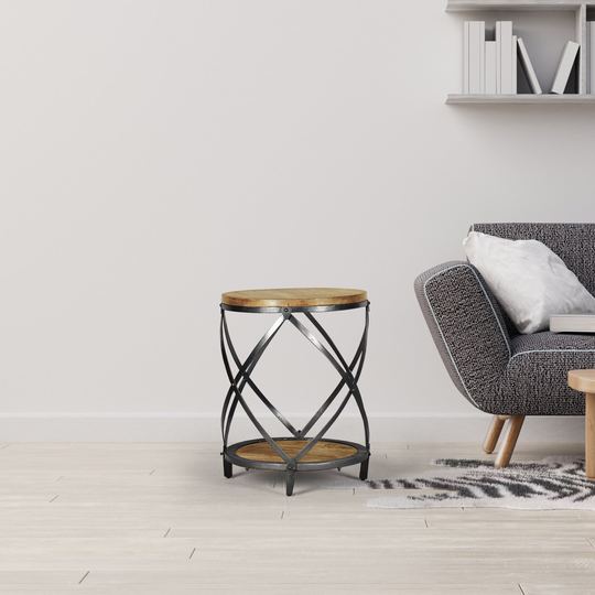 Round Drum Side Table| Black & Dark| Mango Wood| Scratch & Chip Resistant| Iron| Solid Powder Coated| Texture20 X 20 24