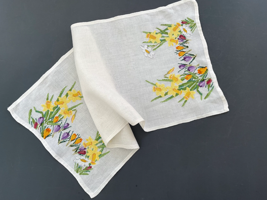 Cross Stitch Table Runner For Easter/Spring With Flowers - Handmade Cotton Runner. Made in Denmark Crocus & Daffodils