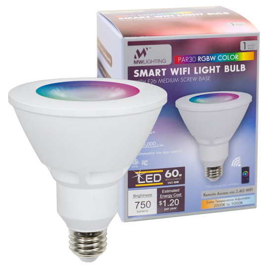 MW Lighting PAR30 LED RGBW Smart Bulb, 750 Lumens, E26 Screw Base - white