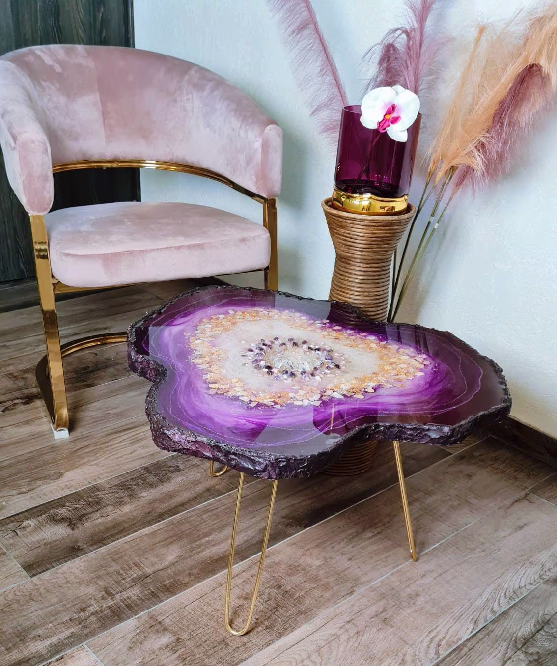 Geode Amethyst Table, Epoxy Purple Handmade Modern Furniture For Living Room, Unique Small Resin Live Edge Agate Coffee Table