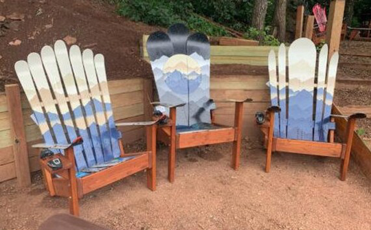Set Of Three - Premium Custom Adirondack Chairs Blue Mystic Mountains, Recycled Ski With Wood Arms & Seats, Hybrid