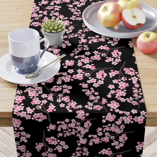 Cherry Blossom Table Runner, Decor, Pink Housewarming Gift, Summer Floral Black Runner
