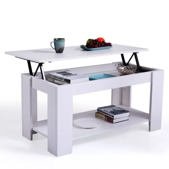 White & Brown Pop-up Coffee Table W/Shelf, Storage - 39 x 20 x 20'' (L x W x H)