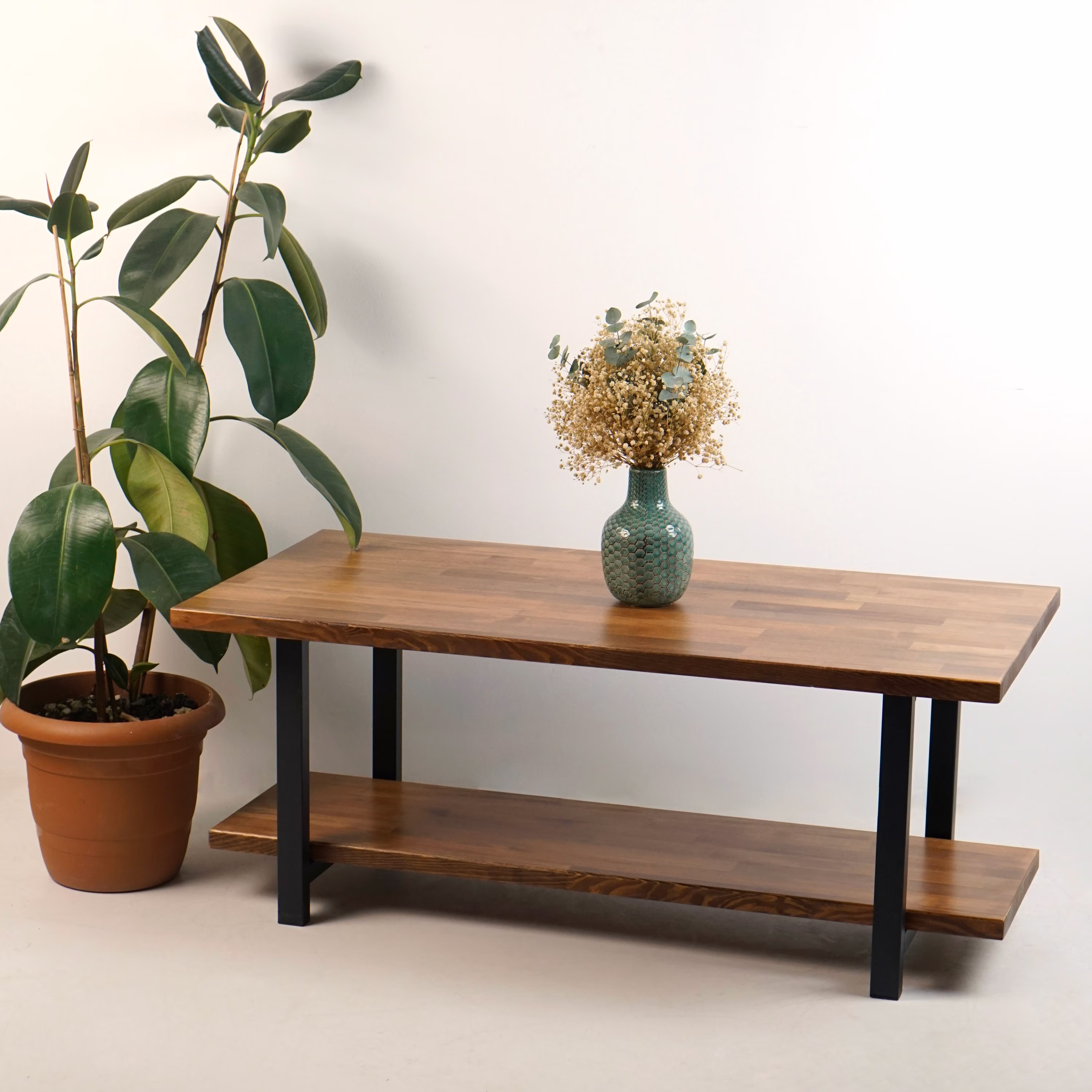Rustic Wood & Metal Coffee Table/2 Tiers Solid Storage, Center Table For Living Room/ Farmhouse Rectangular Design Coffee