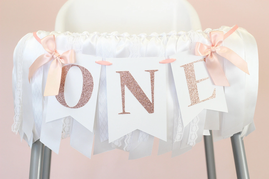 Rose Gold, Blush & White High Chair Banner Ribbon Garland | First Birthday Photoshoot Decorations