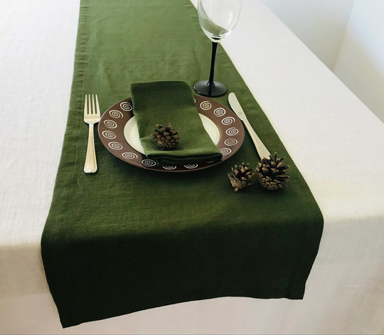 Dark Forest Green Linen Table Runner. Modern Centerpiece. Rustic Farmhouse Runner For Dining Table. Green Kitchen Decor