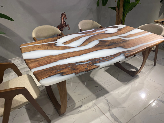 Epoxy Resin Dining Table, Custom Walnut Handmade Live Edge Wood, Made To Order, White Gray Top