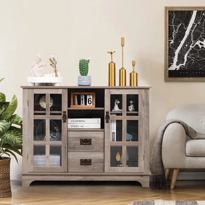 Buffet Sideboard, Farmhouse Storage Cabinets With 2 Drawers, 2 Adjustable Shelves Cupboard And Doors, Waterproof Wooden Tv Cabinet For Living Room, Di