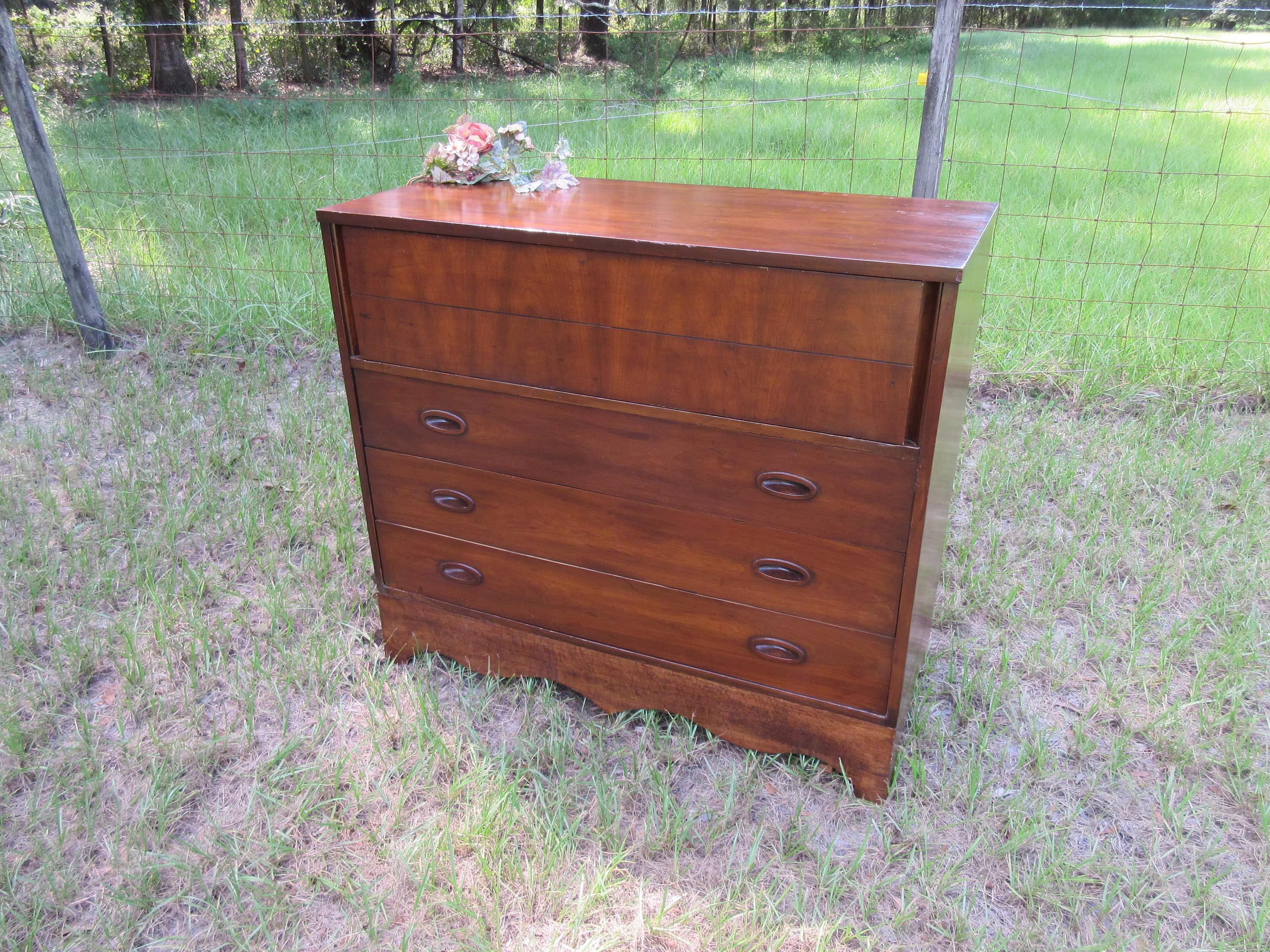 Vintage Solid Wood Dresser Chest Of Drawers Furniture Dovetail Four Drawer Storage Possibly Antique Medium Dark Color Stain Dividers