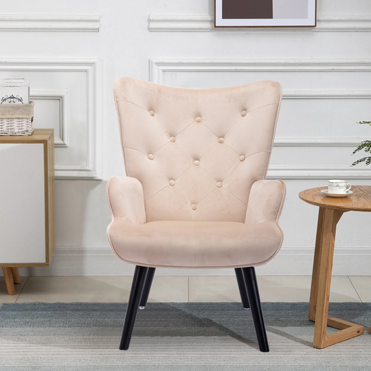 Modern Velvet Leisure Accent Chair with Button Tufted Camelback, Round Arms and Black Metal Legs