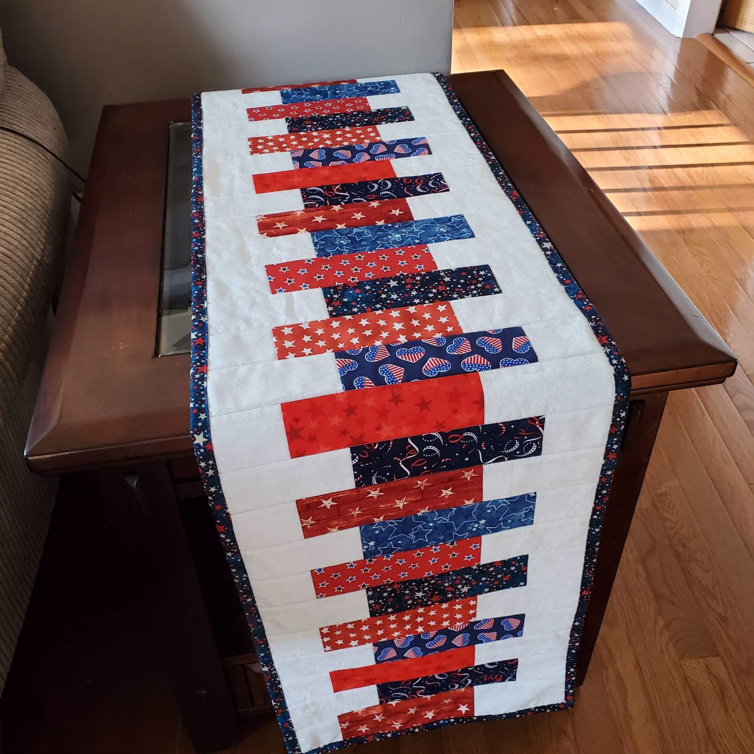 Quilted 4Th Of July Table Runner, Long Quilted Red White Blue Decor, Stars & Stripes, Patriotic Handmade Holiday USA 62x14