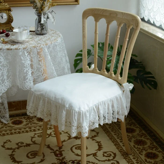 French Style Cotton Chair Pads For Wedding | Vintage Lace With Ties Handmade Cushion Ruffle U-Shaped