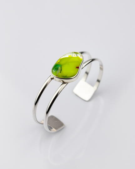 Citron | Yellow Fused Glass Sterling Silver Double Band Cuff Bracelet Fits 6 To 6.5 Inch Wrists