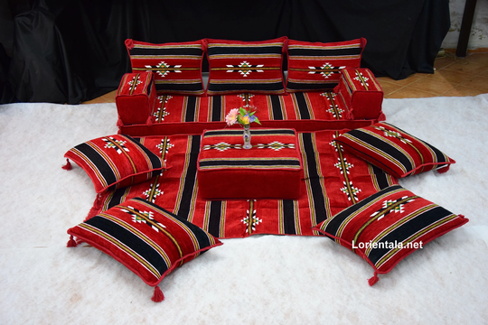Red Black Oriental Floor Seating Sofa Ottoman Pouffe Pouf Couch Arabic Majlis Rug Middle East Home Decor Moroccan Bohemian Furniture