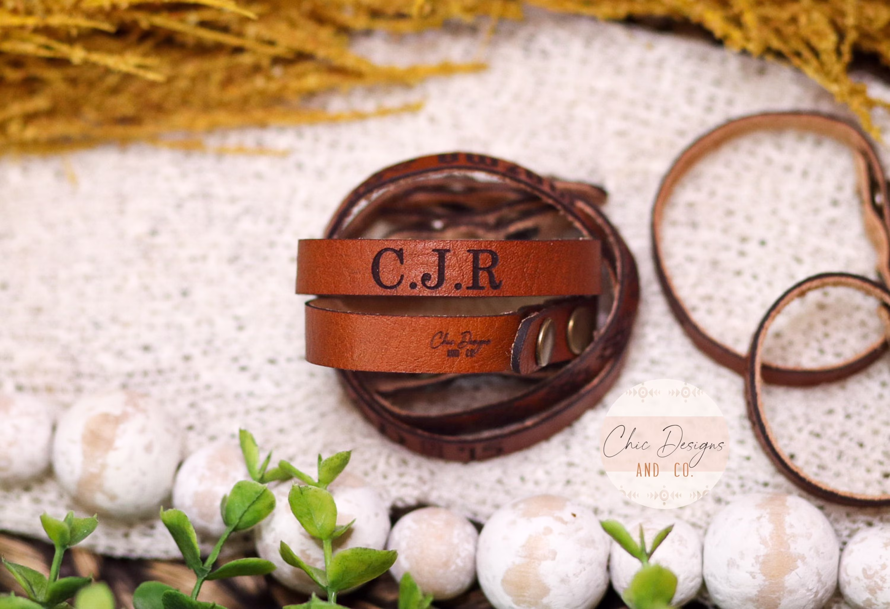 Genuine Veg Tan Leather Bracelet, Monogram Engraved Bracelets, Custom Skinny Personalized Bracelets