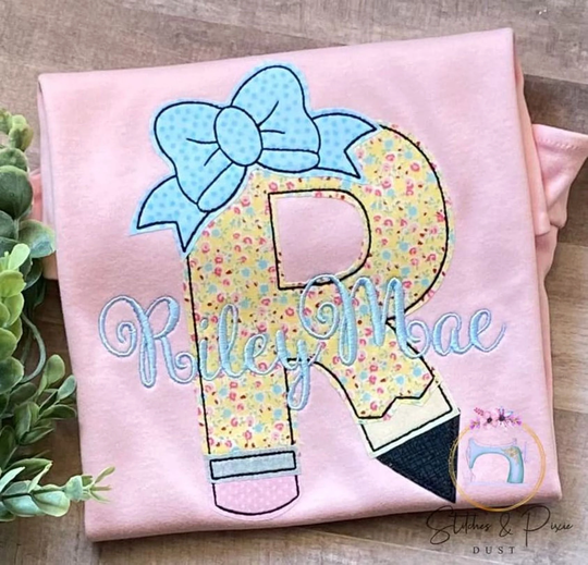Girls Floral Pencil Back To School Shirt-Letter With Fabric-Monogram Pink Shirt-Personalized-Applique Shirt-Embroidered Shirt