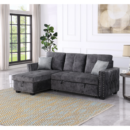Reversible Sleeper Sectional Sofa, Corner Sofa-Bed with Storage, 3 Seat Both Left Handed & Right Handed, Nailheaded