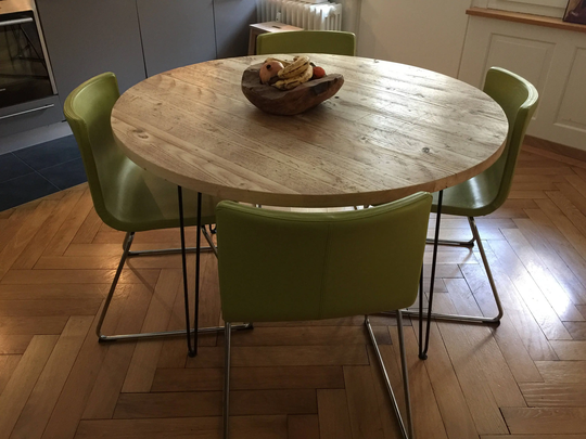 Reclaimed Round Dining Table Industrial Solid Wood Hairpin Legs Rustic Kitchen 7Magok Scaffold Board Furniture 90 cm & Others