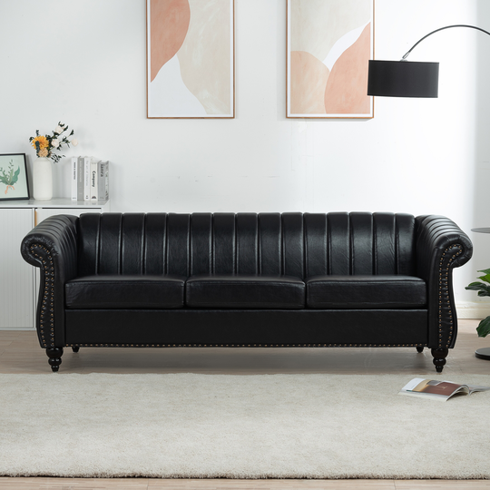 83.46" Lving Room Sofa, PU Leather Chesterfield 3 Seater Sofa Couch with Rolled Armrests
