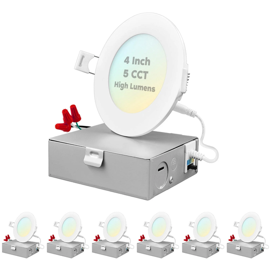 Luxrite 4" Ultra Thin LED Recessed Light with J-Box, 12W, 5 Color Selectable, 950 Lumens, Dimmable, Wet Rated 6 Pack