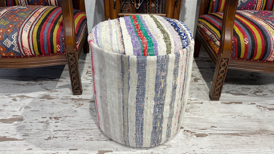 Blue White Modern Contemporary Minimalist Decorative Handmade Pouf Stool Chair Cotton Material Costal Poolside Outdoor 18x18 Inches