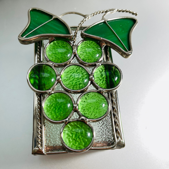 Pretty Stained Glass, Bunch Of Green Grapes With Leaves, On Pencil Holder, Vintage Collectible