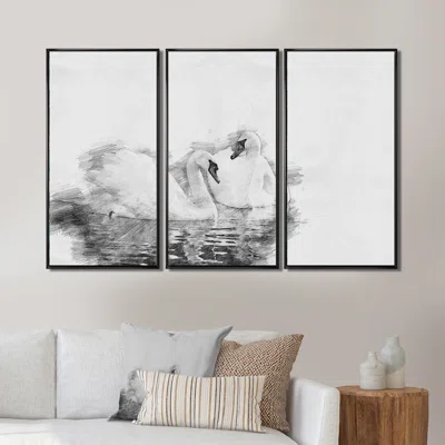 Black And White Swan Pencil Sketch - Animal Framed Canvas Wall Art Set Of 3
