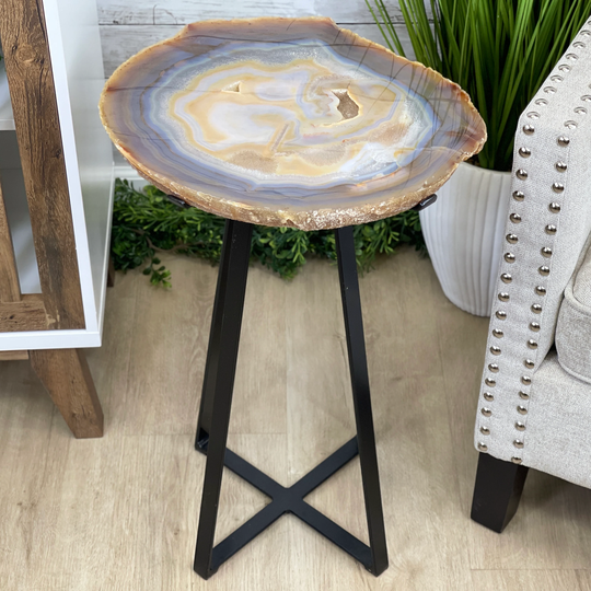 Natural Brazilian Agate Side Table, Single Slice On A Black Metal Base, 24.5" Tall #1306-0033 By Brazil Gems