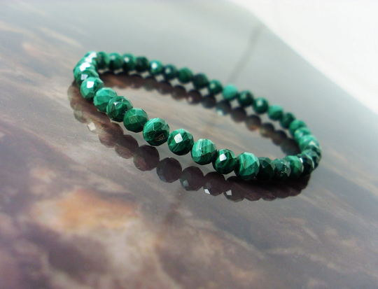 Dainty Natural Malachite Bracelet Faceted 5mm, Unisex Women Men Bracelet, Gemstone Beaded Gift For Her/ Him + Bag