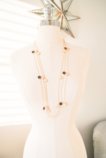 Flower Necklace, Mother Of Pearl Necklace, Long Necklace, Floral Necklace, Flower Charm Necklace, Onyx