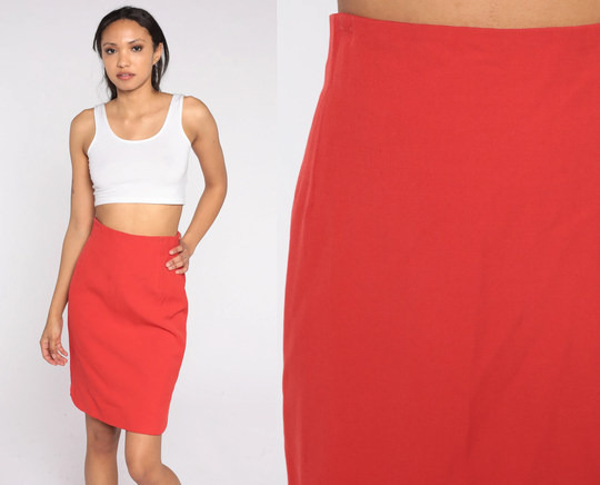 Red Wool Pencil Skirt Y2K High Waisted Mini Retro Preppy Wiggle Simple Classic Chic Waist Secretary Vintage 00S Escada Small S 27