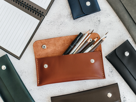 Cognac Cosmetic Brush & Makeup Pencil Bag, Leather Mens Tool Organizer, Fountain Pen Storage, Jewelry Bag With Clasp, Custom Groomsmen Gift