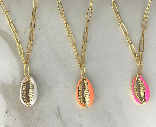 Pop Of Color Enamel Cowrie Shell Necklaces White Neon Coral Pink Long Gold Paperclip Chain Choose Your Length Layer Stack