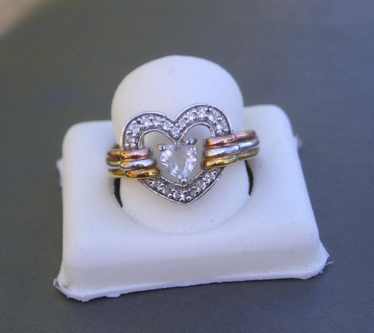 Tri Color White Rose & Yellow Gold Over Sterling 925 Bge Bradford Exchange Heart Topaz Ring Size 9