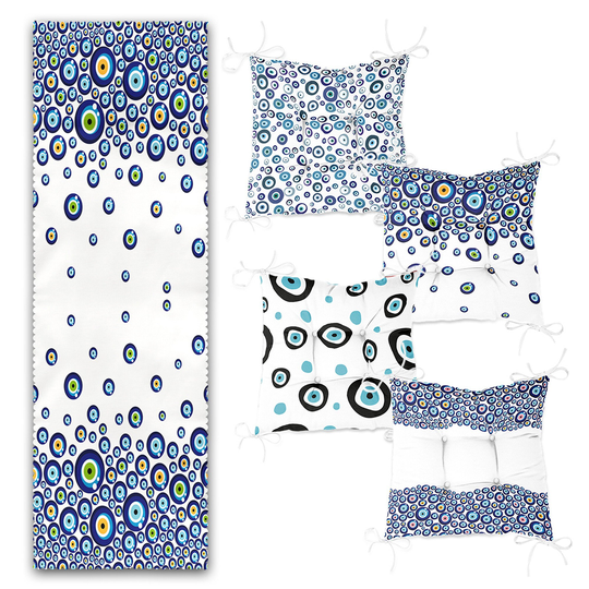 Set Of 4 Puffy Chair Pads & 1 Table Runner|Evil Eye Print Seat Pad Tablecloth|Blue White Nazar Boncuk Cushion Tabletop