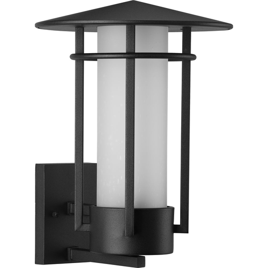 Exton Collection 1-Light Textured Black Etched Seeded Glass Modern Outdoor Large Wall Lantern Light