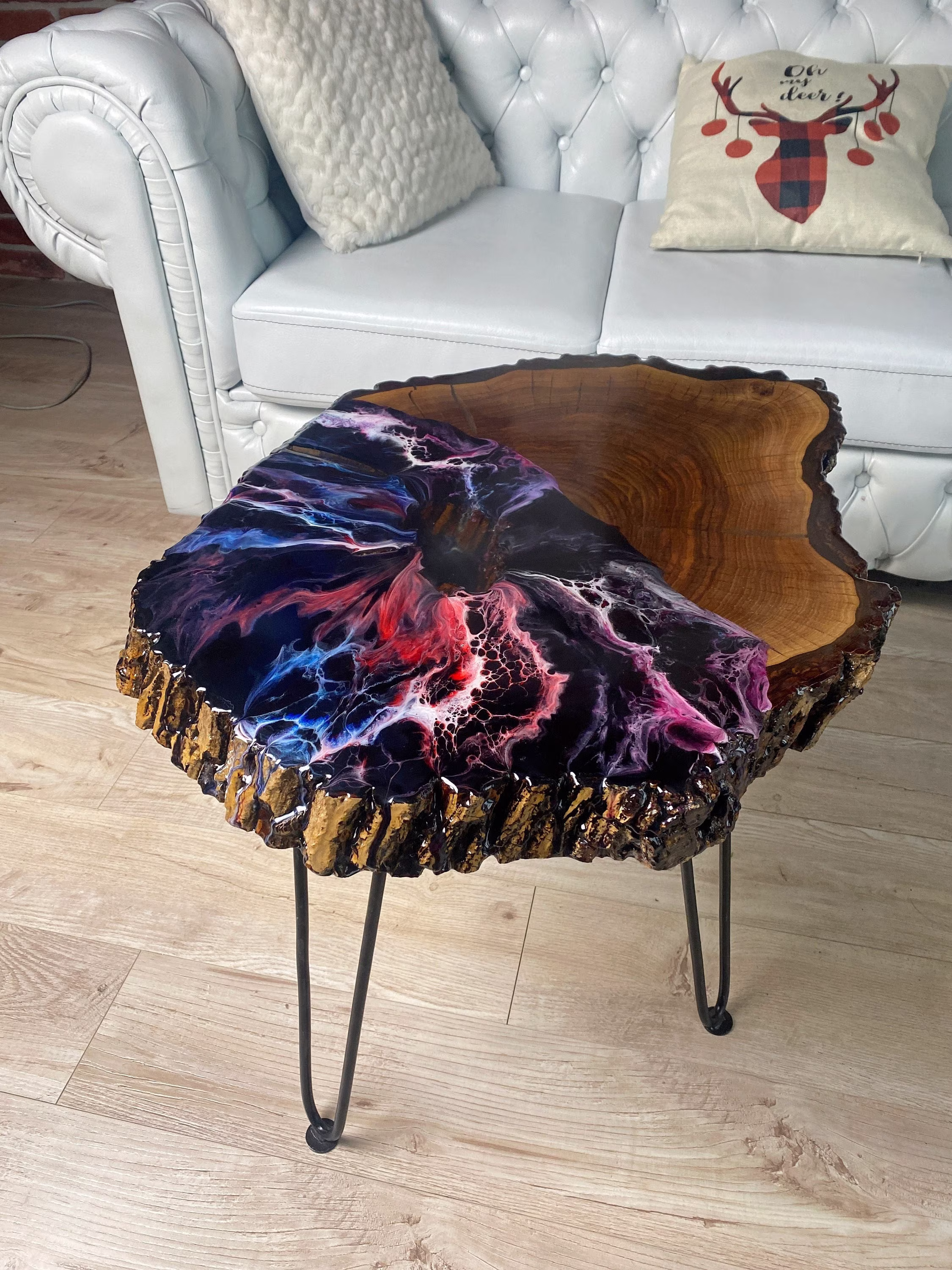 Wood Slab Coffee Table, Live Edge Rustic Modern Hairpin Legs End Table With Epoxy Resin